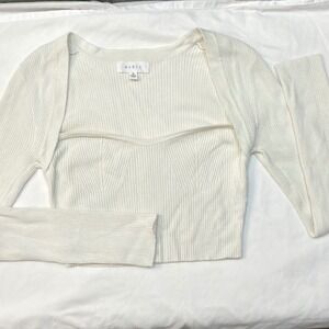 Mable Bolero Knit Crop Top Medium White Ribbed Sweetheart